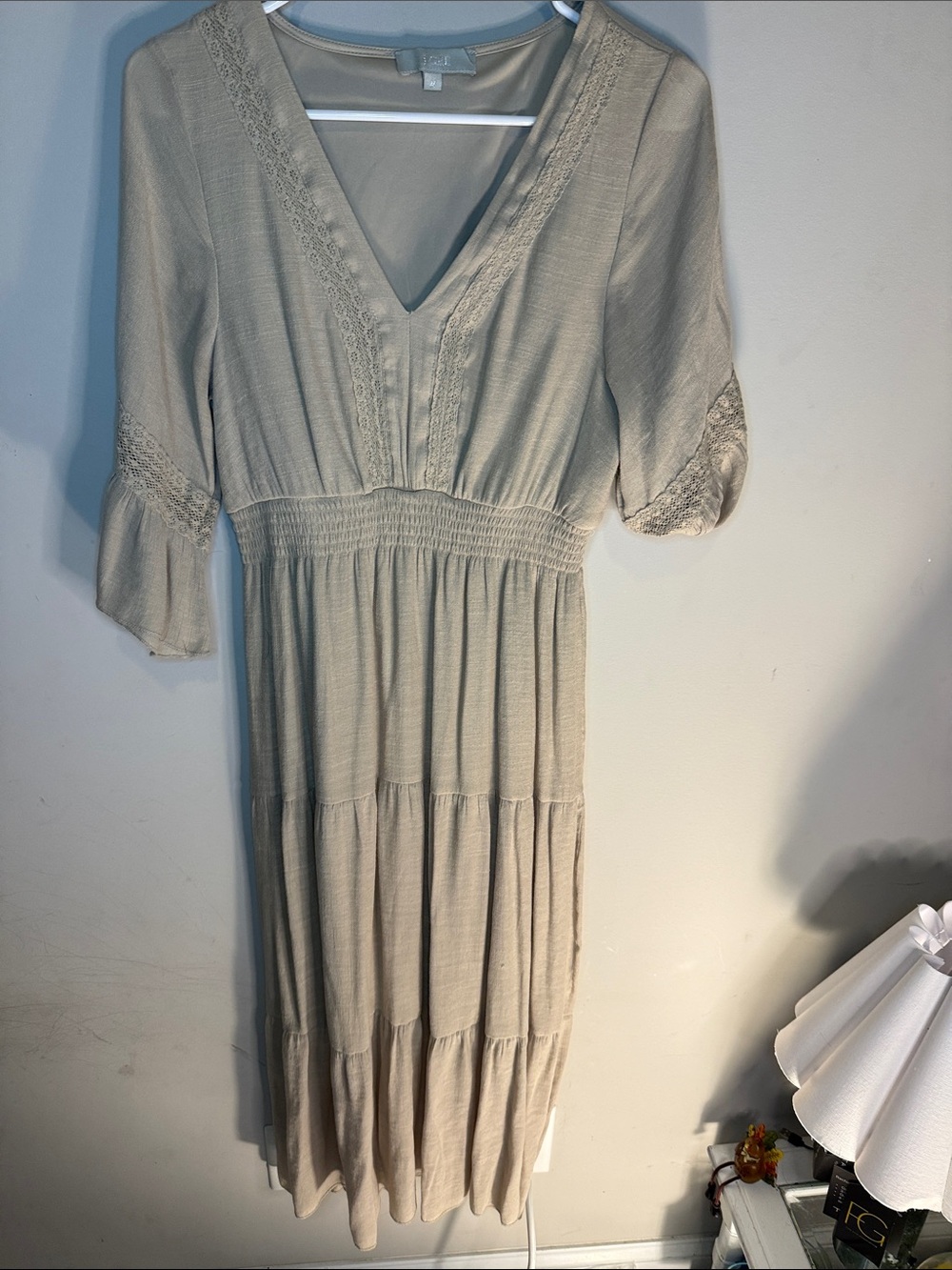 Beige V-Neck Tiered Midi Dress